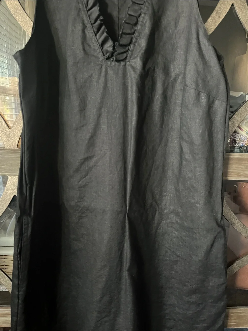 Tommy Bahama Black Ruffle V-Neck Dress 100% linen shell; 100% cotton lining